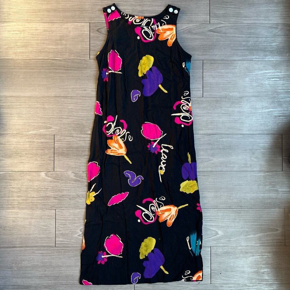 Vintage 90s Dressing Clio Black Abstract Floral Shift Midi Dress Size S Petite
